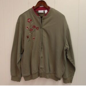 Alfred Dunner Green Floral Embroidered Button Front Cardigan Sweater XL / #1240